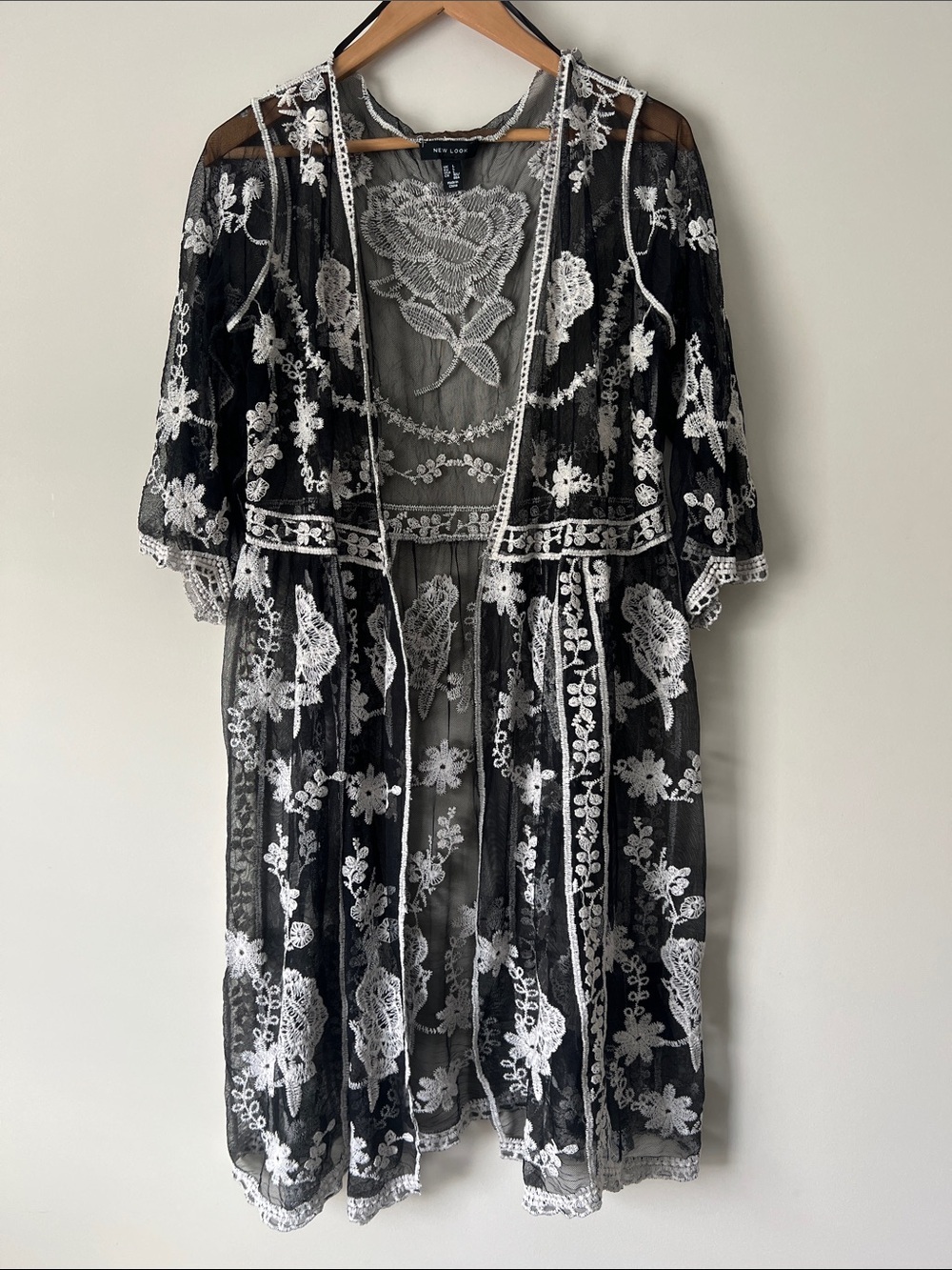 Embroidered Sheer Black Lace Duster with White Floral Rose Appliqué